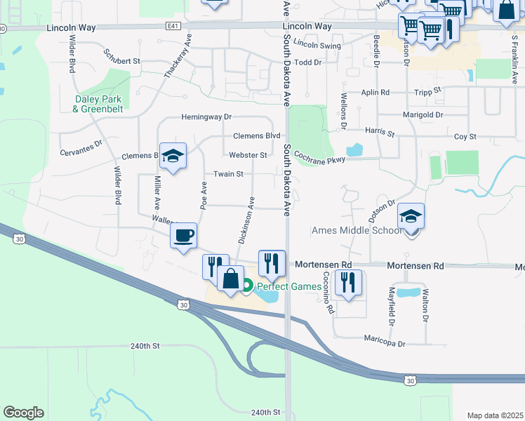 map of restaurants, bars, coffee shops, grocery stores, and more near 4525 Steinbeck Street in Ames