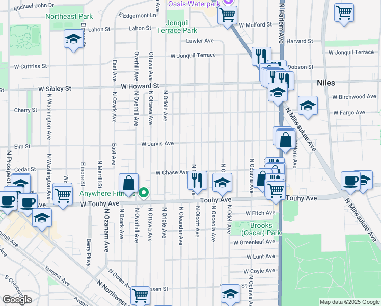 map of restaurants, bars, coffee shops, grocery stores, and more near 7359 North Oleander Avenue in Chicago