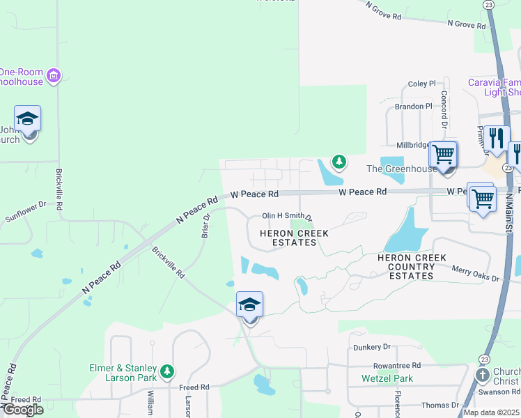map of restaurants, bars, coffee shops, grocery stores, and more near 565 Olin H Smith Drive in Sycamore