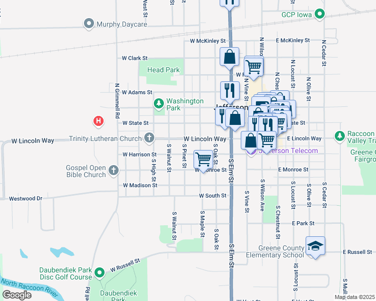 map of restaurants, bars, coffee shops, grocery stores, and more near 100 South Pinet Street in Jefferson