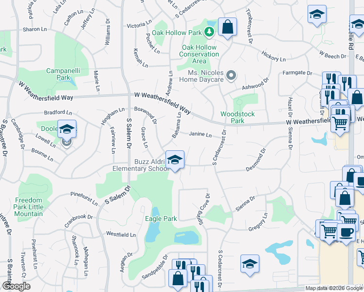 map of restaurants, bars, coffee shops, grocery stores, and more near 603 Janine Lane in Schaumburg