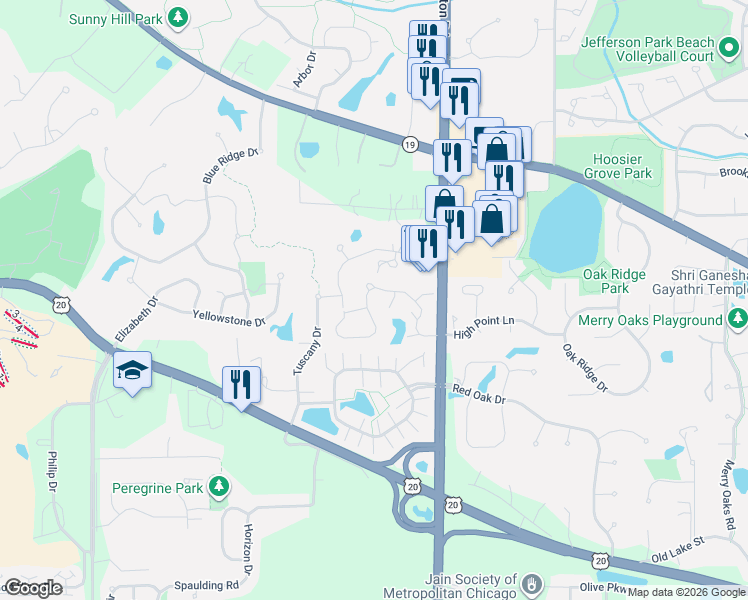 map of restaurants, bars, coffee shops, grocery stores, and more near 1433 Laurel Oaks Drive in Streamwood