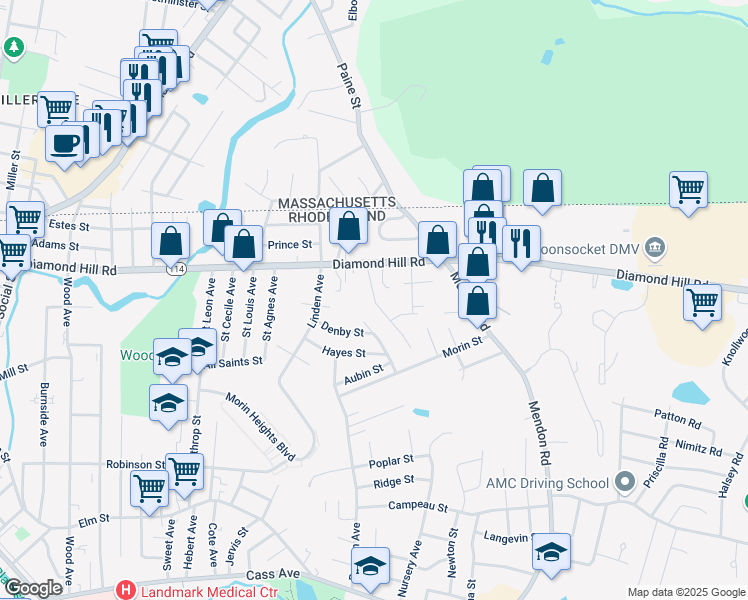 map of restaurants, bars, coffee shops, grocery stores, and more near Theresa Marie Avenue in Woonsocket