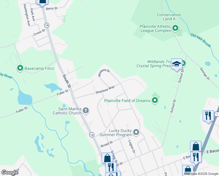 map of restaurants, bars, coffee shops, grocery stores, and more near 2 Wisteria Dr in Plainville