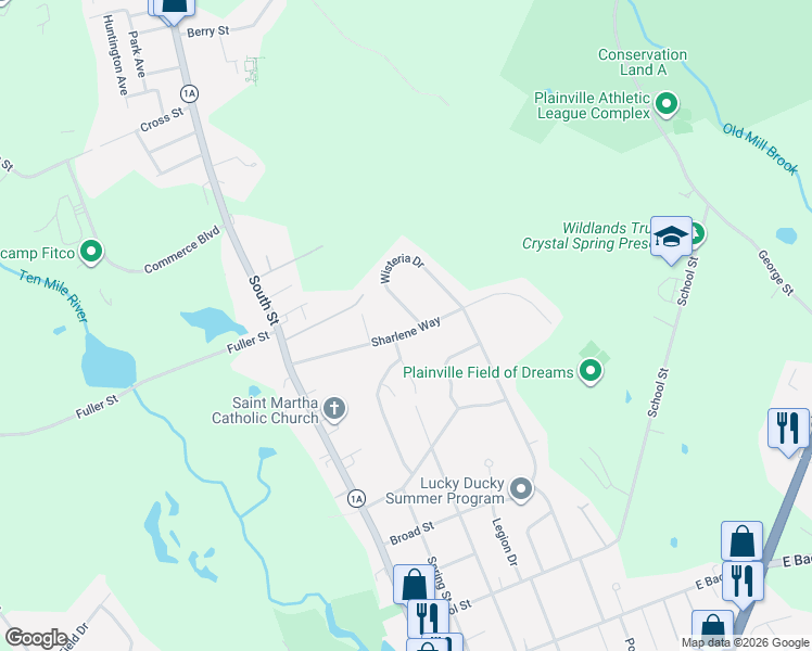 map of restaurants, bars, coffee shops, grocery stores, and more near 2 Wisteria Drive in Plainville