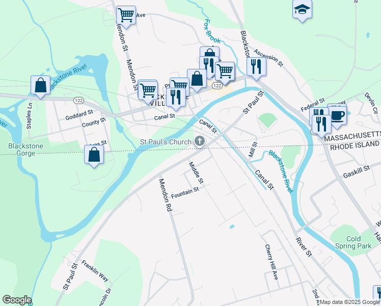 map of restaurants, bars, coffee shops, grocery stores, and more near 83 Saint Paul Street in North Smithfield