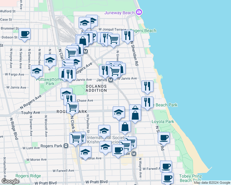 map of restaurants, bars, coffee shops, grocery stores, and more near 1516 West Sherwin Avenue in Chicago