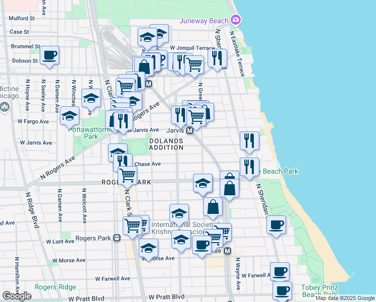 map of restaurants, bars, coffee shops, grocery stores, and more near 1516 West Sherwin Avenue in Chicago