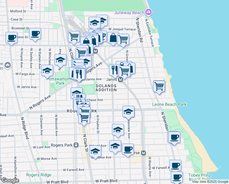 map of restaurants, bars, coffee shops, grocery stores, and more near 1600 West Sherwin Avenue in Chicago