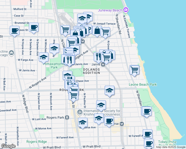 map of restaurants, bars, coffee shops, grocery stores, and more near 1600 West Sherwin Avenue in Chicago