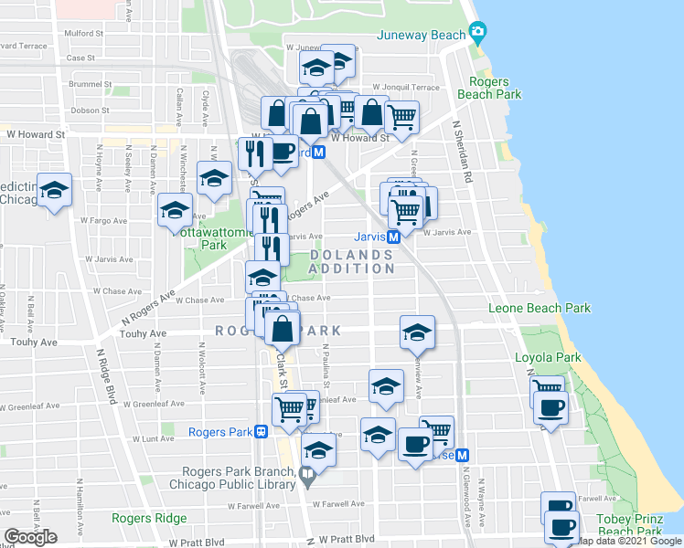 map of restaurants, bars, coffee shops, grocery stores, and more near 1650 West Sherwin Avenue in Chicago