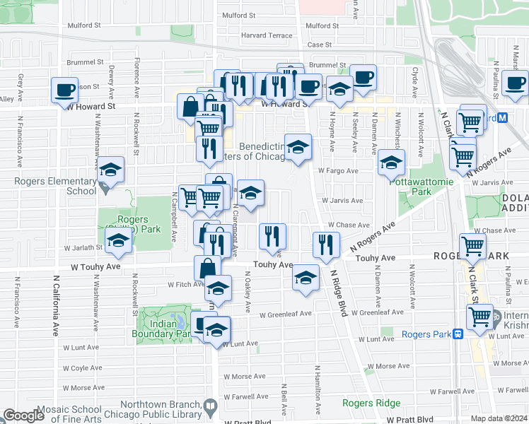 map of restaurants, bars, coffee shops, grocery stores, and more near 7329 North Oakley Avenue in Chicago
