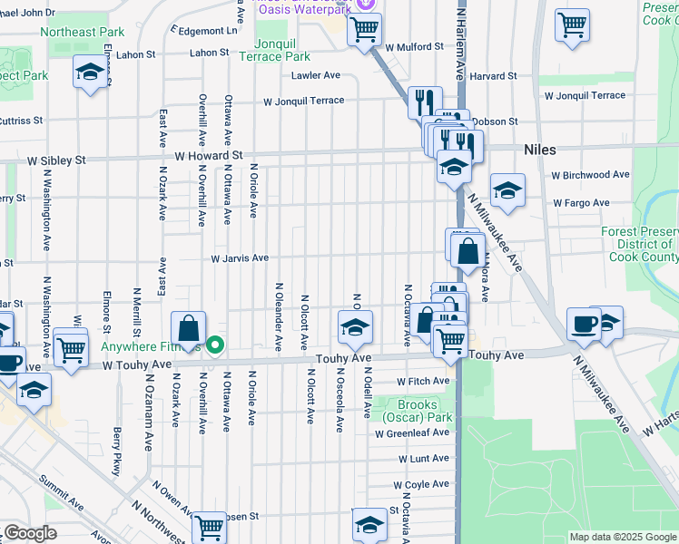 map of restaurants, bars, coffee shops, grocery stores, and more near 7354 North Osceola Avenue in Chicago
