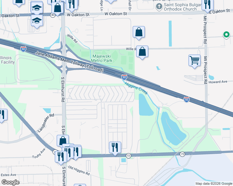 map of restaurants, bars, coffee shops, grocery stores, and more near Monroe Road in Des Plaines