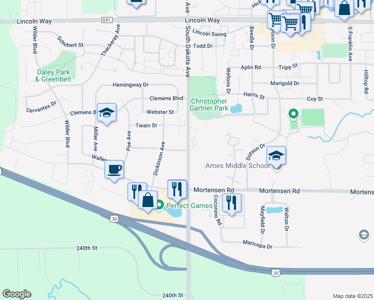 map of restaurants, bars, coffee shops, grocery stores, and more near 4525 Steinbeck Street in Ames