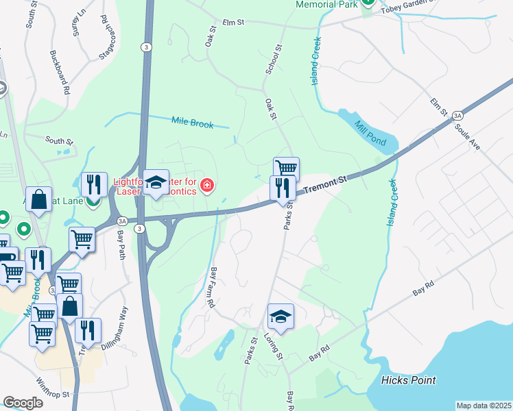 map of restaurants, bars, coffee shops, grocery stores, and more near 104 Tremont Street in Duxbury
