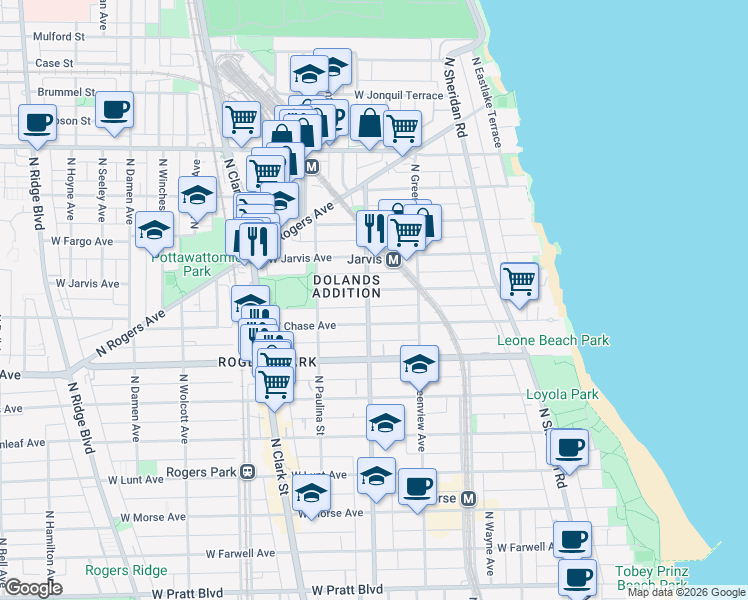 map of restaurants, bars, coffee shops, grocery stores, and more near 1600 West Sherwin Avenue in Chicago