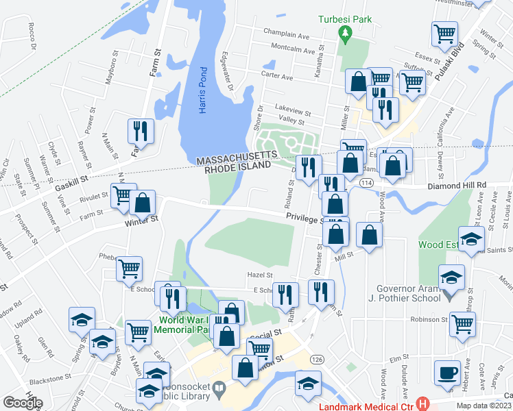 map of restaurants, bars, coffee shops, grocery stores, and more near 306 Privilege Street in Woonsocket