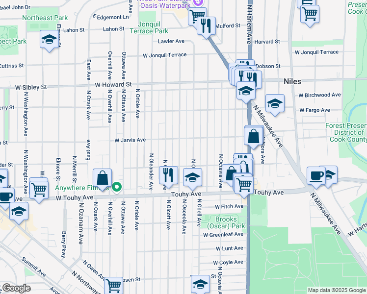 map of restaurants, bars, coffee shops, grocery stores, and more near 7354 North Osceola Avenue in Chicago