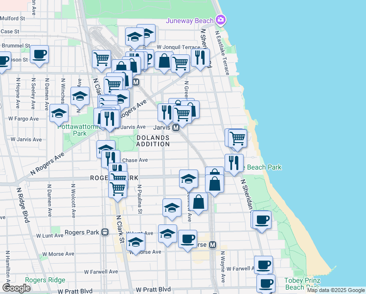 map of restaurants, bars, coffee shops, grocery stores, and more near 1507 West Sherwin Avenue in Chicago