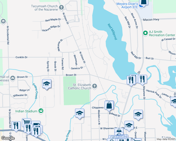 map of restaurants, bars, coffee shops, grocery stores, and more near North Union Street in Tecumseh