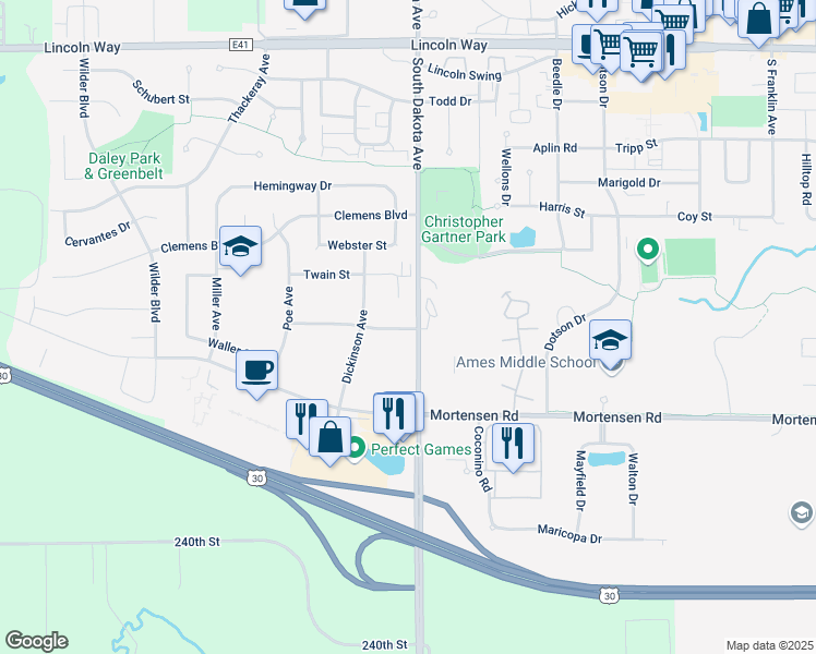 map of restaurants, bars, coffee shops, grocery stores, and more near 1320 Coconino Road in Ames