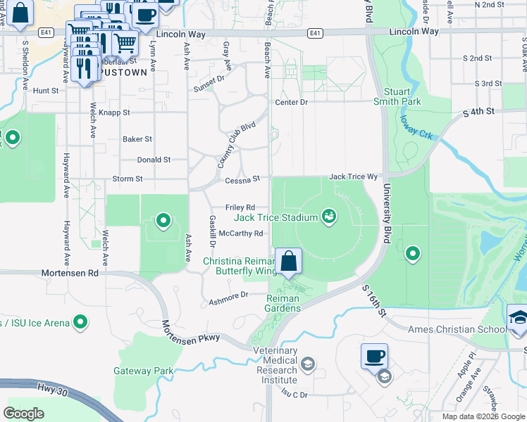map of restaurants, bars, coffee shops, grocery stores, and more near 2004 Friley Road in Ames