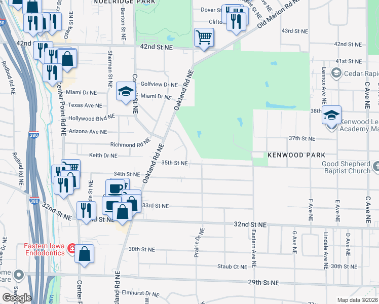 map of restaurants, bars, coffee shops, grocery stores, and more near 3518 Houston Street Northeast in Cedar Rapids