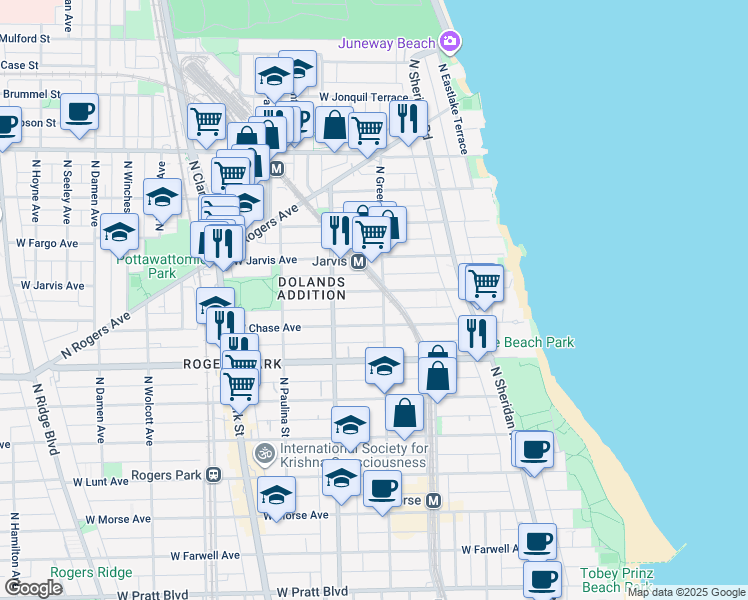 map of restaurants, bars, coffee shops, grocery stores, and more near 1507 West Sherwin Avenue in Chicago