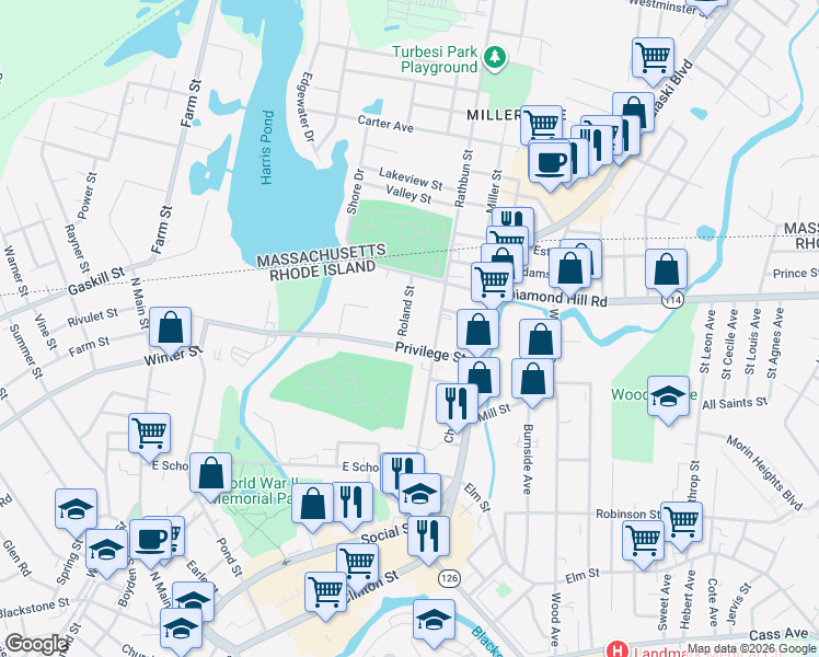 map of restaurants, bars, coffee shops, grocery stores, and more near 63 Roland Street in Woonsocket