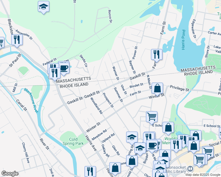 map of restaurants, bars, coffee shops, grocery stores, and more near 388 Gaskill Street in Woonsocket