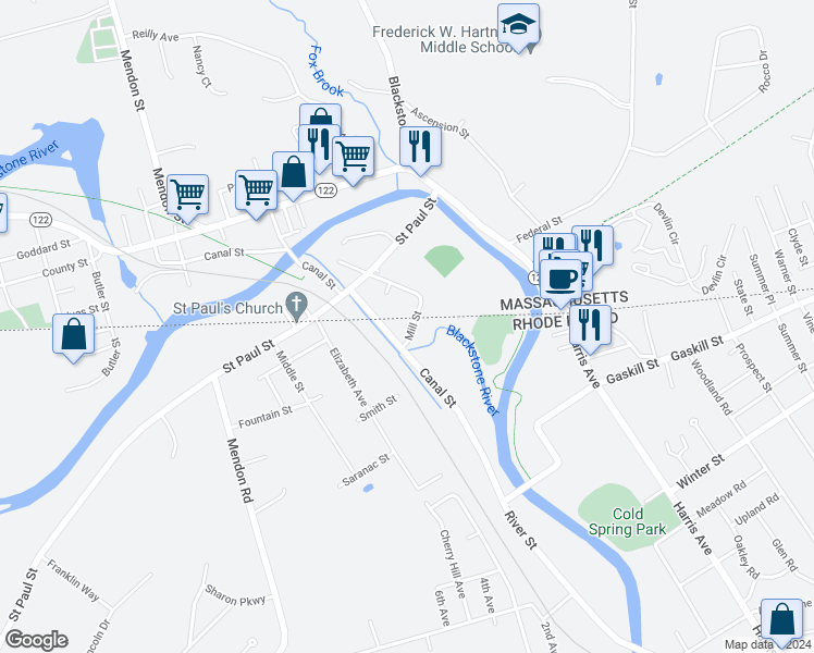 map of restaurants, bars, coffee shops, grocery stores, and more near 3 Mill Street in Blackstone