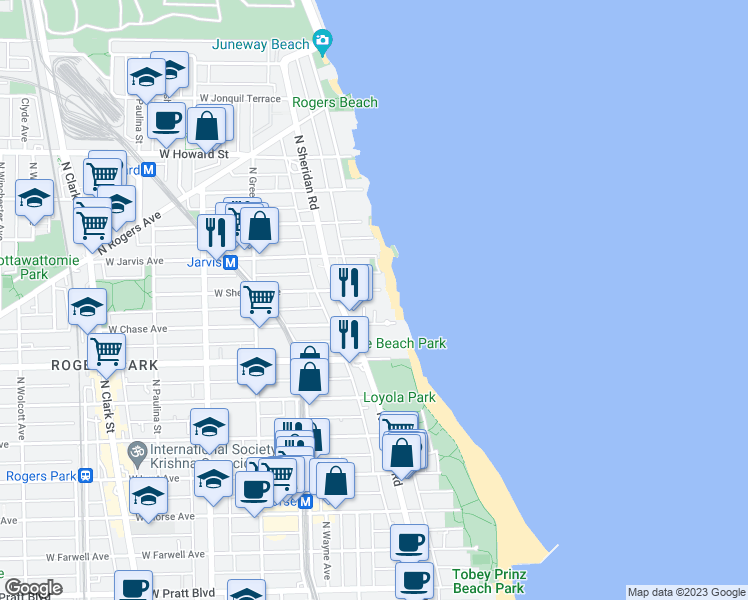 map of restaurants, bars, coffee shops, grocery stores, and more near 1215 West Sherwin Avenue in Chicago