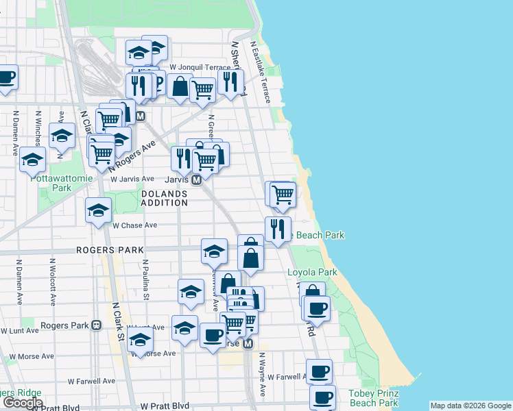 map of restaurants, bars, coffee shops, grocery stores, and more near 1329 West Sherwin Avenue in Chicago