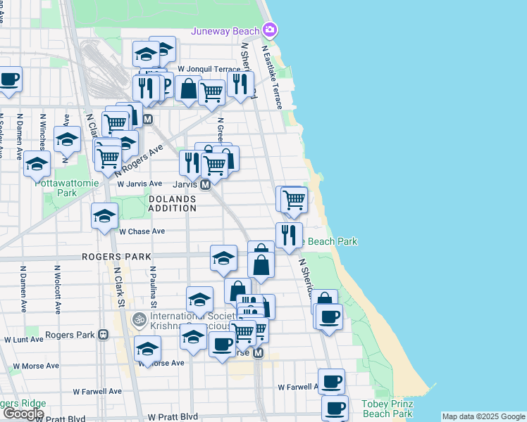 map of restaurants, bars, coffee shops, grocery stores, and more near 1329 West Sherwin Avenue in Chicago