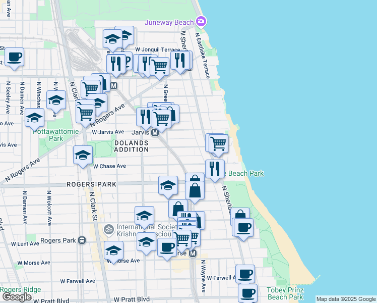 map of restaurants, bars, coffee shops, grocery stores, and more near 1329 West Sherwin Avenue in Chicago