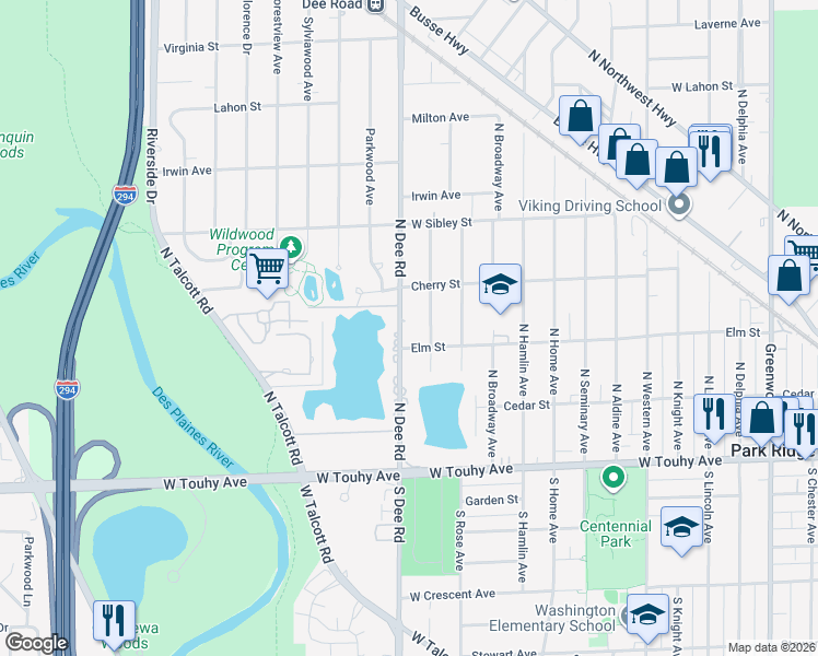 map of restaurants, bars, coffee shops, grocery stores, and more near 321 North Dee Road in Park Ridge