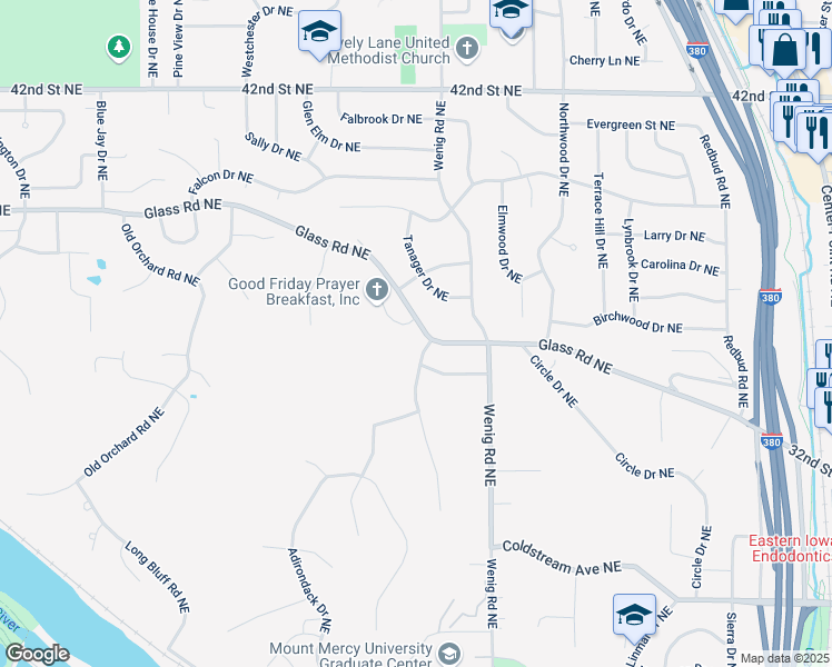 map of restaurants, bars, coffee shops, grocery stores, and more near 2500 Glass Road Northeast in Cedar Rapids
