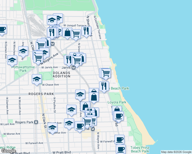 map of restaurants, bars, coffee shops, grocery stores, and more near 1329 West Sherwin Avenue in Chicago