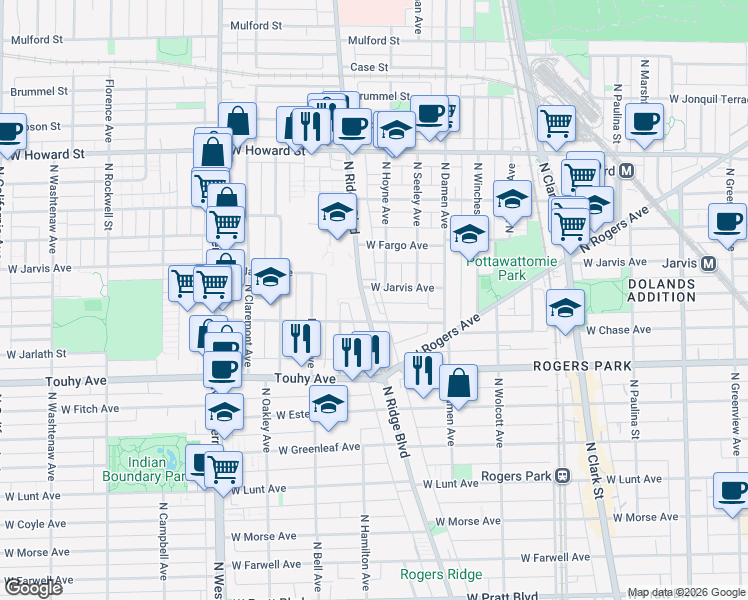 map of restaurants, bars, coffee shops, grocery stores, and more near 7333 North Ridge Boulevard in Chicago