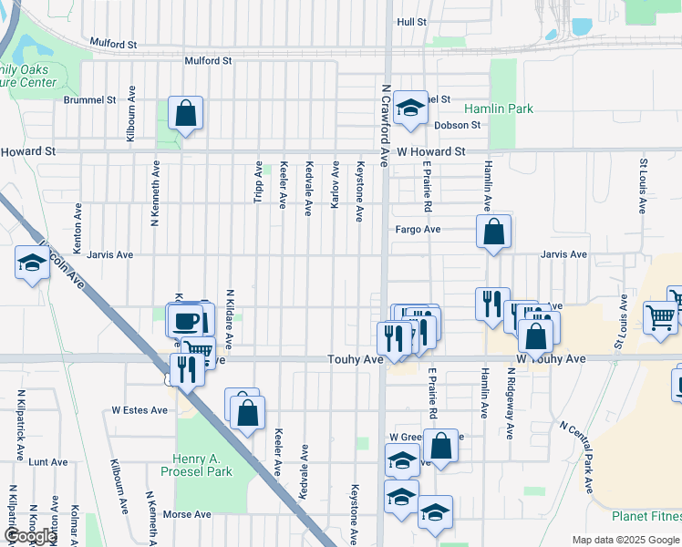 map of restaurants, bars, coffee shops, grocery stores, and more near 7347 North Karlov Avenue in Lincolnwood