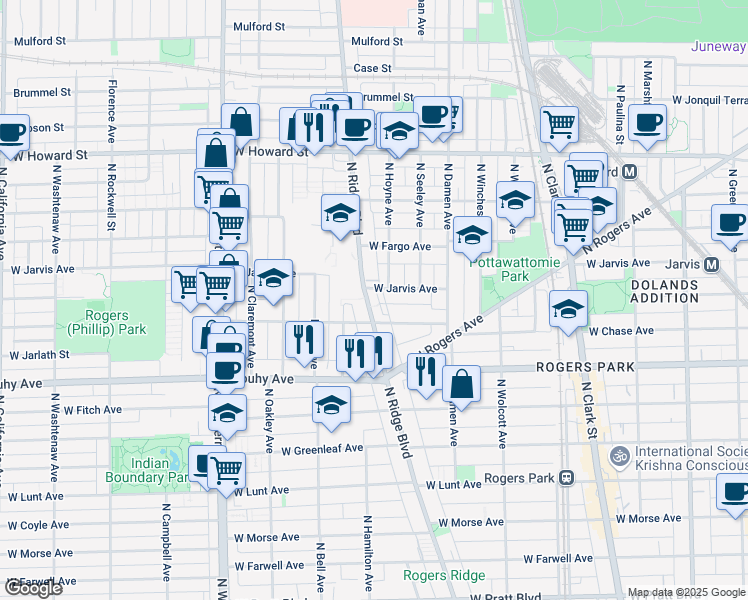 map of restaurants, bars, coffee shops, grocery stores, and more near 7333 North Ridge Avenue in Chicago