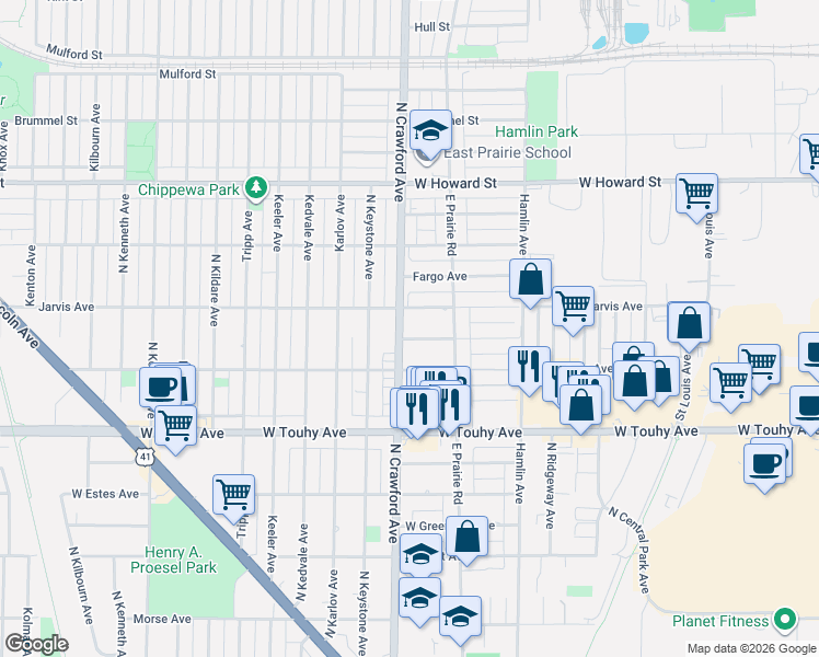 map of restaurants, bars, coffee shops, grocery stores, and more near 3929 Jarvis Avenue in Lincolnwood