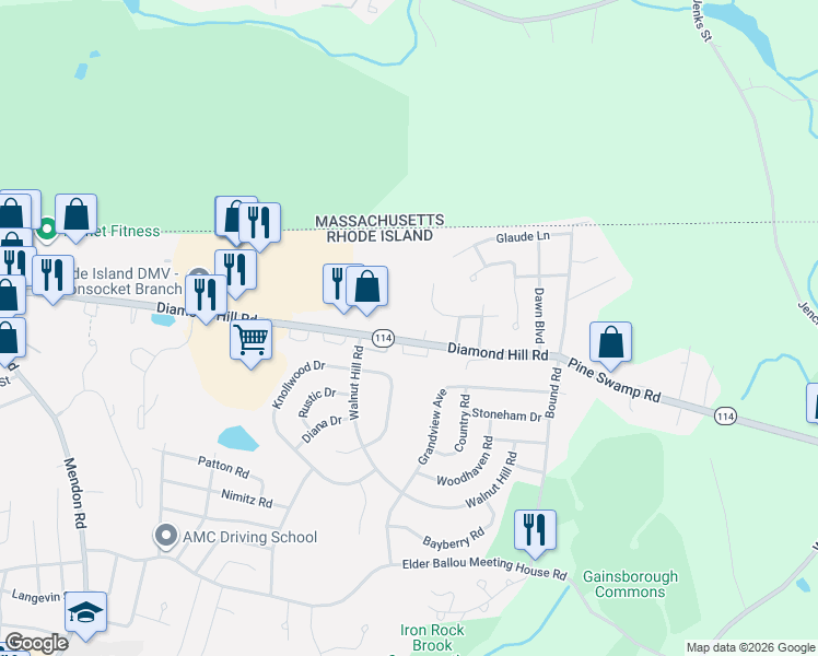 map of restaurants, bars, coffee shops, grocery stores, and more near 2320 Diamond Hill Road in Woonsocket