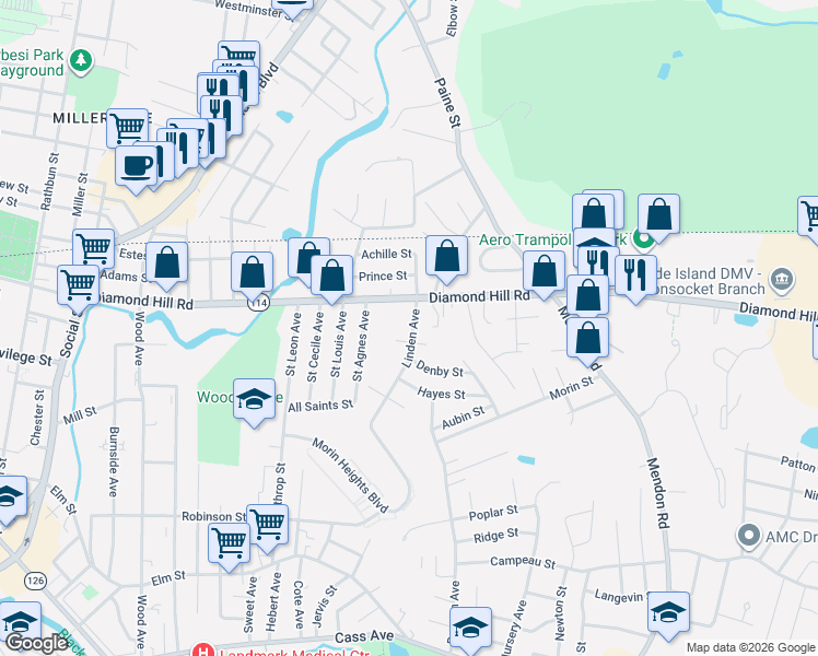 map of restaurants, bars, coffee shops, grocery stores, and more near 48 Linden Avenue in Woonsocket
