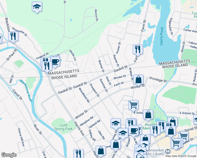 map of restaurants, bars, coffee shops, grocery stores, and more near 388 Gaskill Street in Woonsocket