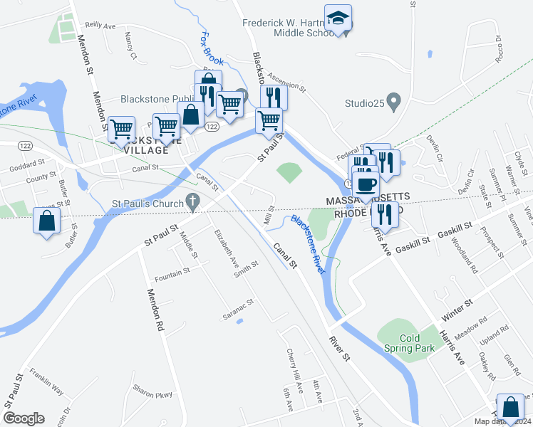 map of restaurants, bars, coffee shops, grocery stores, and more near 3 Mill Street in Blackstone