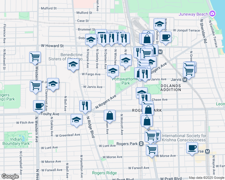 map of restaurants, bars, coffee shops, grocery stores, and more near 7330 North Winchester Avenue in Chicago