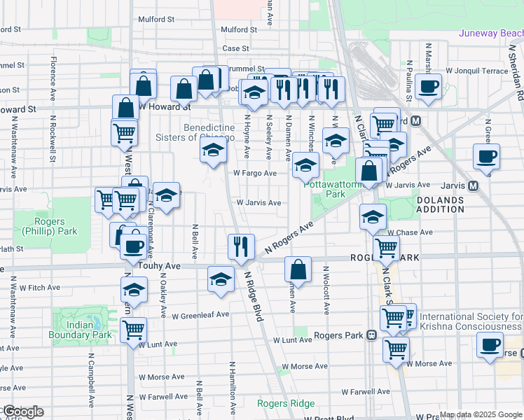 map of restaurants, bars, coffee shops, grocery stores, and more near 2055 West Jarvis Avenue in Chicago