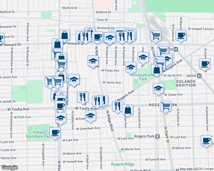 map of restaurants, bars, coffee shops, grocery stores, and more near 2055 West Jarvis Avenue in Chicago